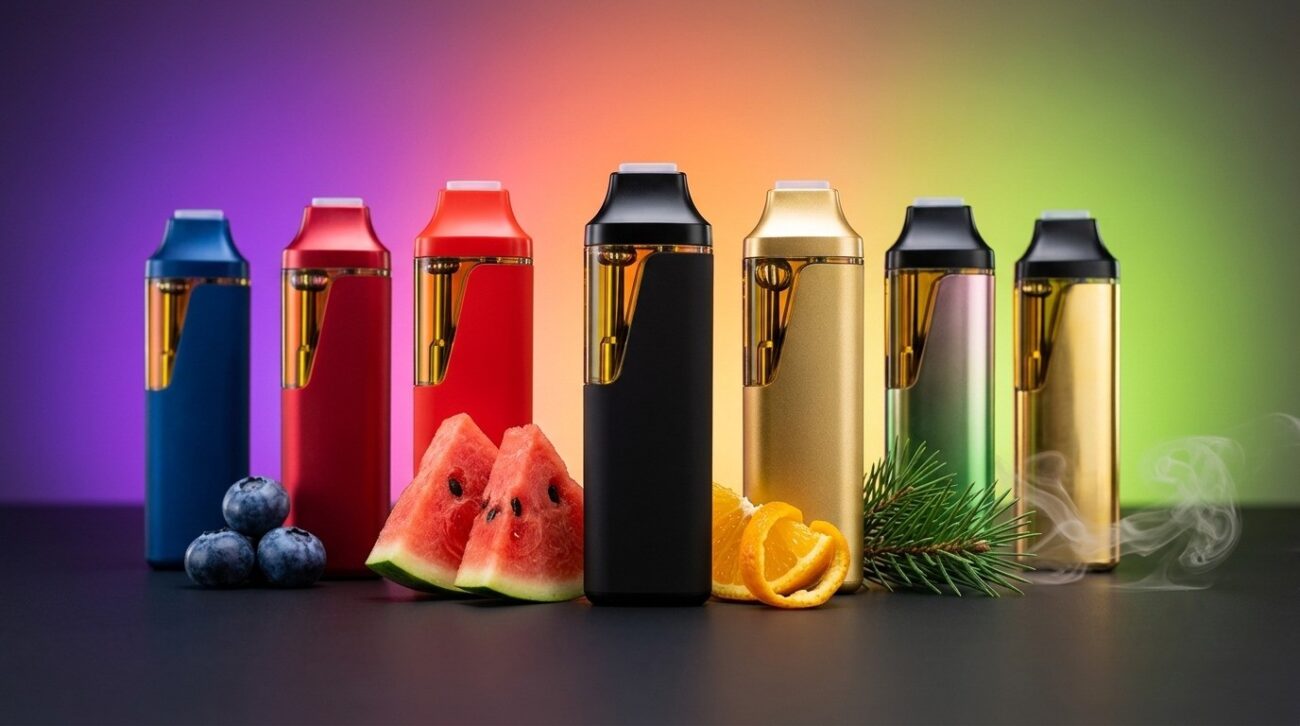 A row of vibrant Muha Meds 2g disposable vapes surrounded by fresh fruit accents including watermelon, blueberries, and citrus.