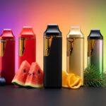 A row of vibrant Muha Meds 2g disposable vapes surrounded by fresh fruit accents including watermelon, blueberries, and citrus.
