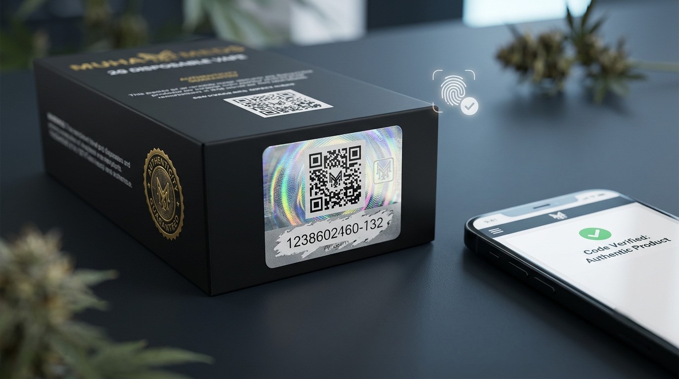 Authentic Muha Meds packaging with a holographic security QR code label being verified as authentic on a smartphone screen.