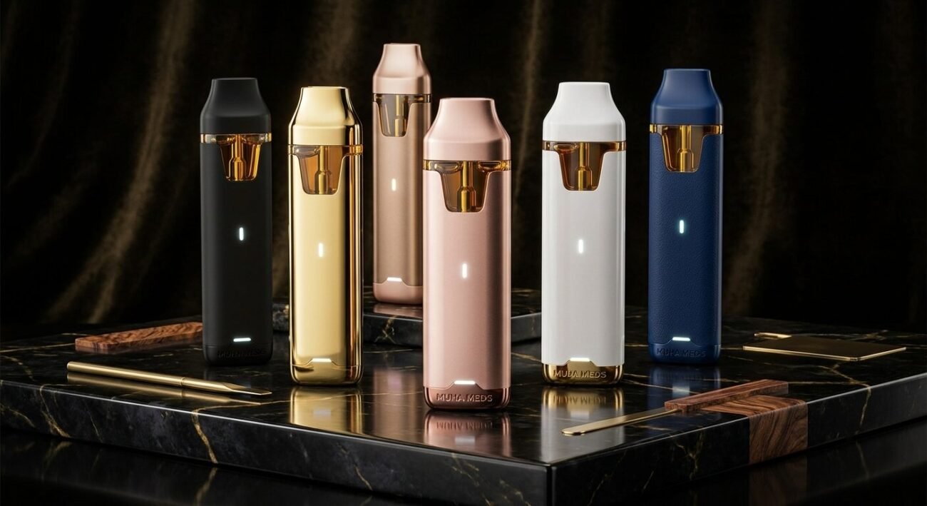 Collection of Muha Meds All-In-One disposable devices showcasing Distillate, Melted Diamonds, Live Resin, and Hash Rosin editions.