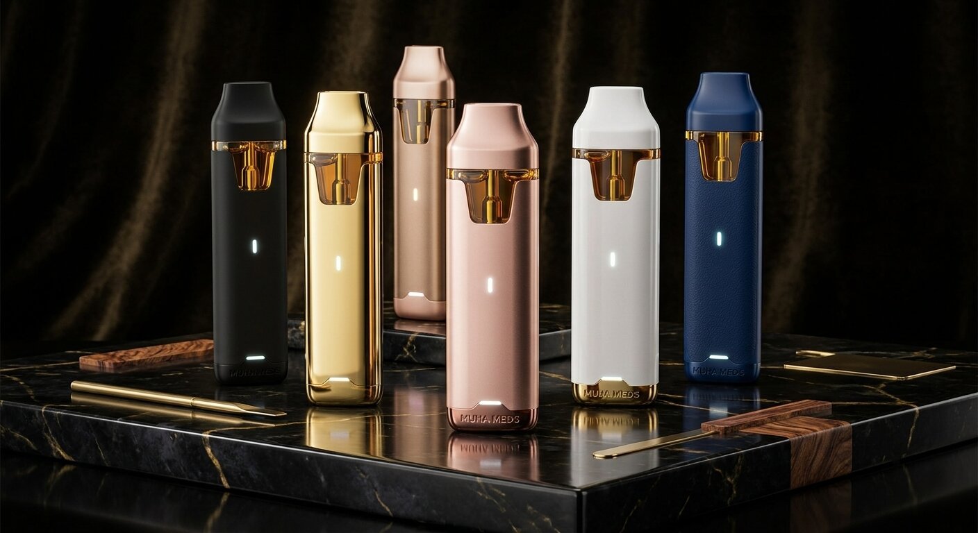 Collection of Muha Meds All-In-One disposable devices showcasing Distillate, Melted Diamonds, Live Resin, and Hash Rosin editions.