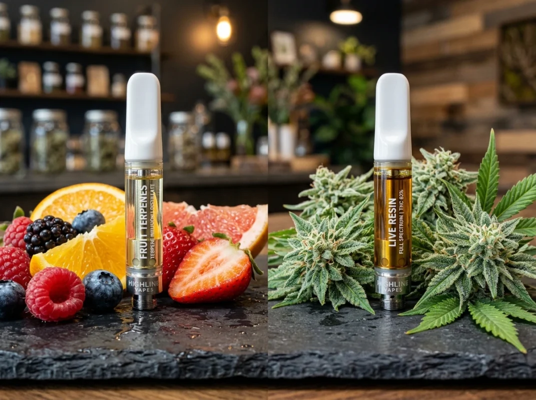 A side-by-side comparison of a clear distillate vape cartridge next to fresh fruits (strawberries, blueberries) and a golden-amber live resin cartridge next to frosty cannabis buds on a dark slate surface.