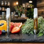 A side-by-side comparison of a clear distillate vape cartridge next to fresh fruits (strawberries, blueberries) and a golden-amber live resin cartridge next to frosty cannabis buds on a dark slate surface.