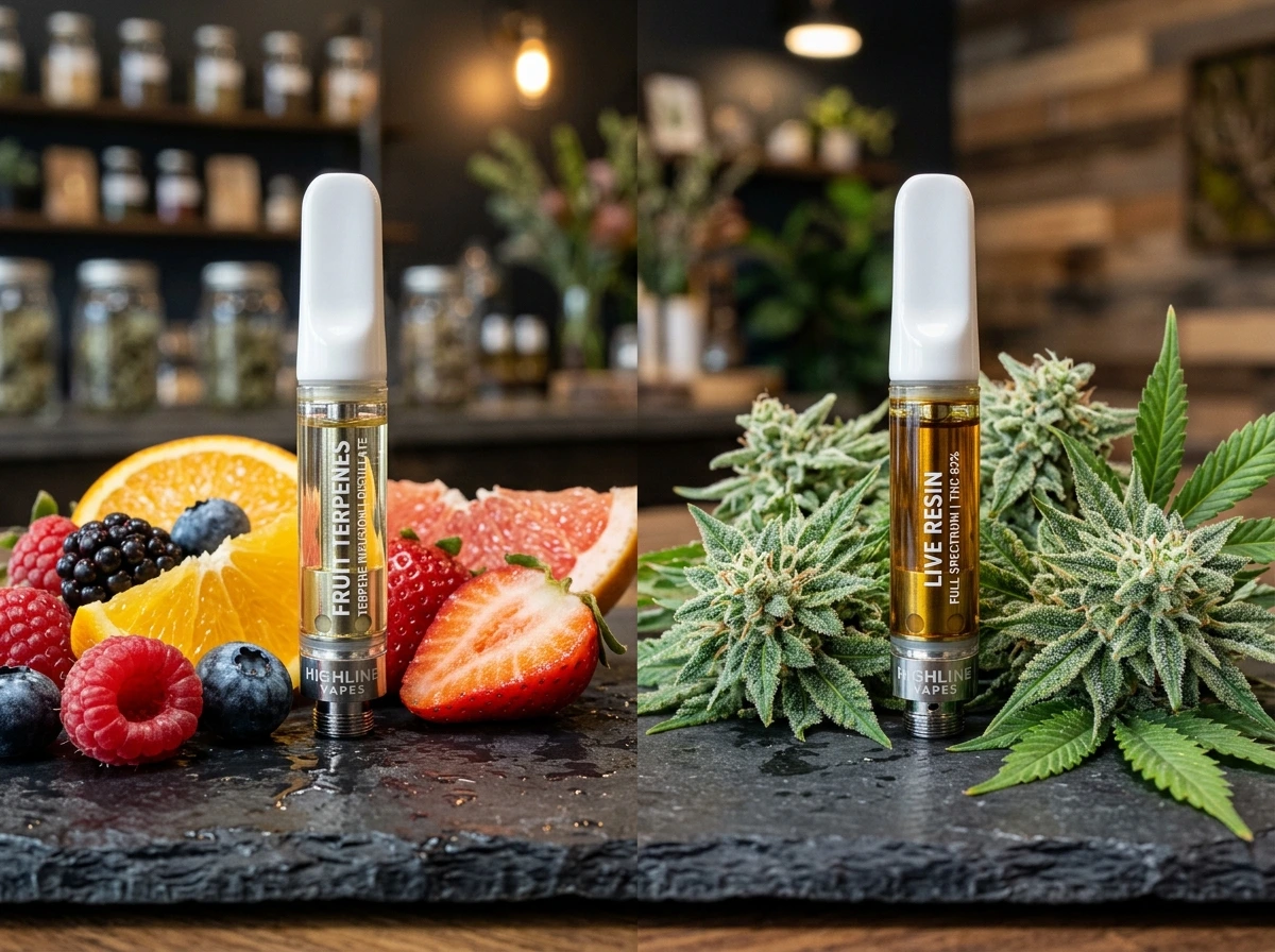 A side-by-side comparison of a clear distillate vape cartridge next to fresh fruits (strawberries, blueberries) and a golden-amber live resin cartridge next to frosty cannabis buds on a dark slate surface.