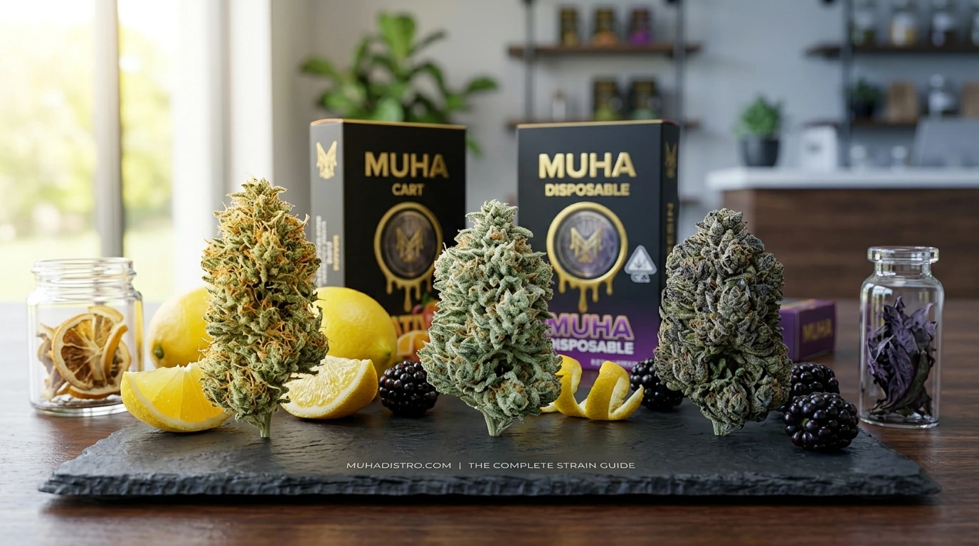 Sativa vs Indica vs Hybrid: A high-end side-by-side comparison of Sativa, Hybrid, and Indica cannabis buds on a dark slate surface.
